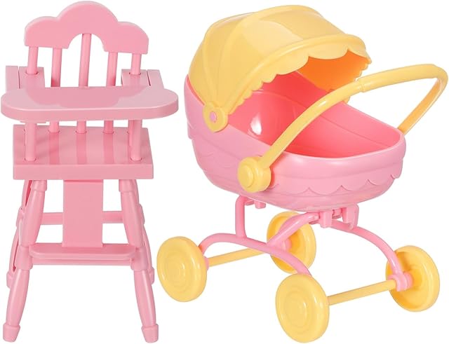 The Toyvian Baby Toy Stroller for Dolls: Mini Toy Stroller and Tiny High Chair Set, Dollhouse Plastic Carriage Furniture Doll Accessories