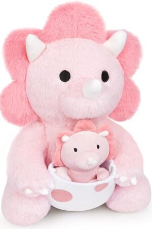 The Pink Dinosaur Stuffed Animal, 11.8inch Pink Dinosaur Plush with Baby Dino for Kids, Dino Toy Kawaii Triceratops Cuddle Plush Pillow for Girls Boys, Christmas Birthday Gifts
