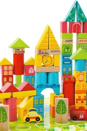 The PowerTRC Wooden City & Transportation Colorful Building Blocks for Boys & Girls | Toddler Construction Stacking Toy Set with Storage Container (100 Pieces)