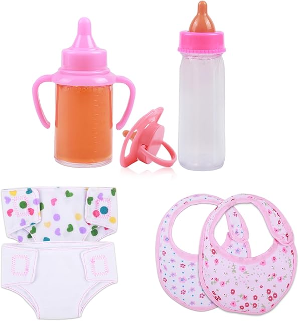 The Baby Doll Accessories Set – 7 Pcs Feeding and Caring Set with Magic Disappearing Bottles, Pacifier, Diapers and Bibs Doll Pretend Play Gift for Kids