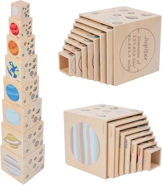 The Adena Montessori Preschool Educational Science Toy Set, Stacking Toys for Kids 3+, Wooden Eight Planet Nesting Blocks for Learning Solar System, 8 Pieces