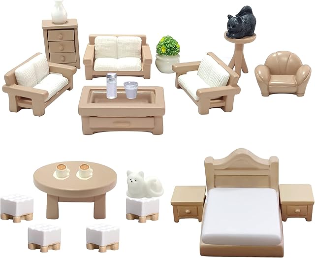 The 23 Pieces Dollhouse Mini Furniture Decoration Set DIY Accessories Including Dining Room Sitting Living Bedroom Toys for Baby Children Girls