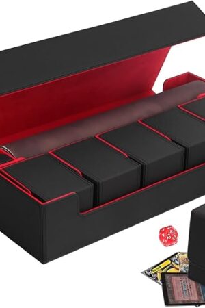 The Premium Trading Card Storage Case TCG Deck Box Holds 1800+ Sleeved Cards for MTG, YuGiOh, Uno, Sport with Strong Magnet Closure (Black & Red)