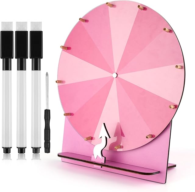 The Wooden Spinning Wheel, 11.4inch Prize Wheel Spinning Prize Wheel Tabletop Spinner Raffle Roulette for Fortune Game Carnival Trade Show (Pink)