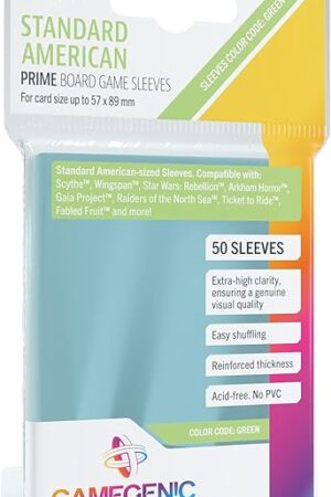 The Prime Board Game Sleeves | Pack of 50 Extra-Clear Sleeves | 59 by 91 mm Card Sleeves Optimized for Standard American Card Games | Premium Card Protection | FFG Green Color Code | Made by Gamegenic