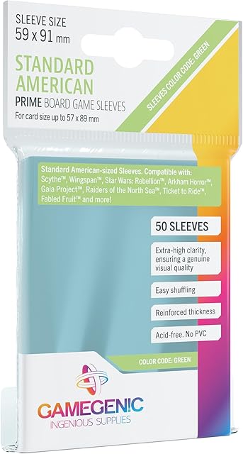 The Prime Board Game Sleeves | Pack of 50 Extra-Clear Sleeves | 59 by 91 mm Card Sleeves Optimized for Standard American Card Games | Premium Card Protection | FFG Green Color Code | Made by Gamegenic
