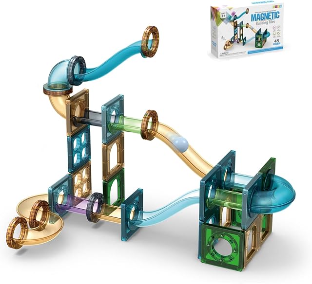 The Magnetic Tiles Ball Track, Magnetic Construction Set Magnetic disc, STEM Sensory Educational Games Toys Preschool Building Stacking Block Learning Toys Gift for Toddler Age 3+ Boys Girls Kids (45pcs