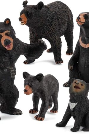 The Realistic Wild Life Jungle Animal Figures Model Black Bear Family Playset Eduactional Toys Playset Figurine Statue Classroom Desktop Decoration for Kids Toddler Party Supplies(5 pcs)