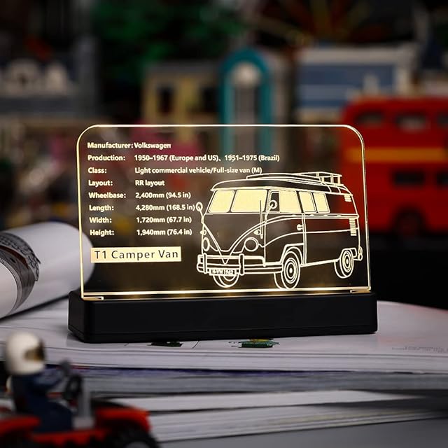 The Kyglaring Glowing Clear Acrylic Name Plate with Power Base Designed for Lego Creator Volkswagen T1 Camper Van 10220 Building Set Sign Display (Glowing nameplate)