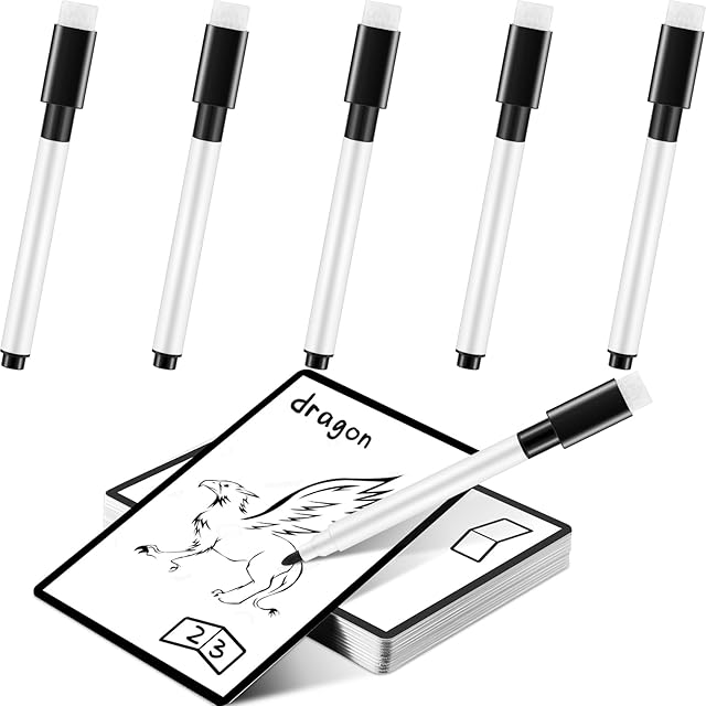 The Teling 50 Pcs Multifunctional Tokens Dry Erase Cards Reusable Cards Blank Playing White Flash Erasable Index Bulk with 5 Black Marker Pens for DIY Games, Office, Housework