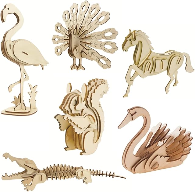 The 3D Wooden Wild Animal Puzzle - 6 Piece Set Wood Wild Animals Skeleton Assembly Model Kits - Wooden Crafts DIY Brain Teaser Puzzle - STEM 3D Puzzle Gifts for Adults & Teens