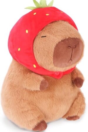 The RichRabbit Cute Capybara Plush Capibara Stuffed Animal Plushies Toys Hugging Gifts for Kids Brown Plush Wear Strawberry Hat Soft 9 inch