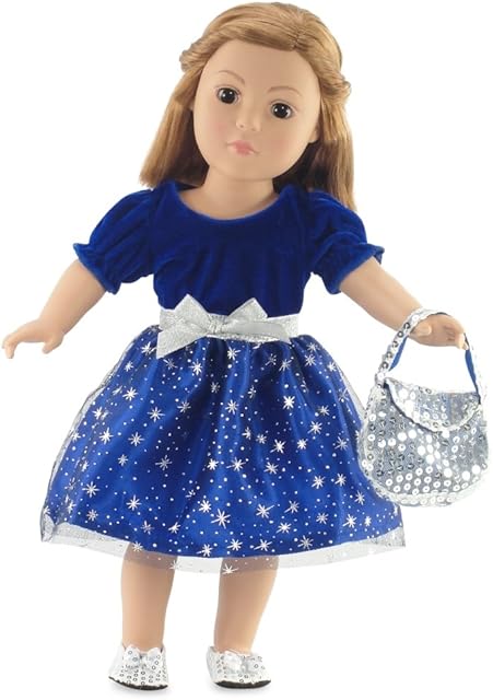 The Emily Rose 18 Inch Doll Clothes Clothing Accessory | Gorgeous Midnight Star Holiday or Party 18" Doll Dress Gift Set with Silver Sequin Shoes and Purse Accessories | Fits 18" Dolls | Gift-Boxed!