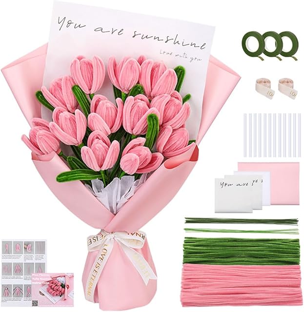 The Siticoto 260 Pcs Pink Pipe Cleaner, Pipe Cleaner Flowers Craft kit for DIY Tulip Bouquet with Floral Wires Gardening Tape Ribbon Step-by-Step Video Tutorials for Wedding Birthday Gift