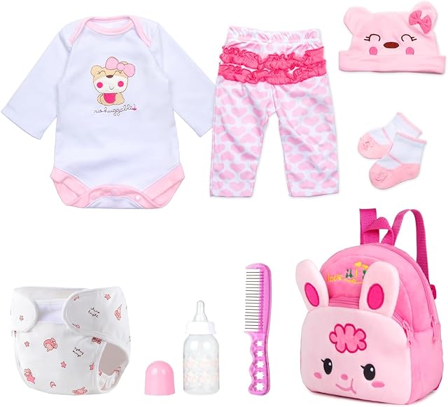 The 8 Pcs Reborn Baby Doll Clothes for 17-22 Reborn Newborn Dolls Clothes Accessories Baby Girl Doll with Pink Backpack Gift Sets