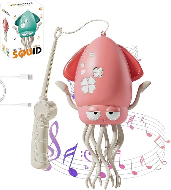 The Electric Dancing Squid Toy, Playful Automatic Evasion Crawling Dancing Octopus with Fishing Rod,LED Lights Music, USBRechargeable,Upright Crawling Two Modes. (Pink)