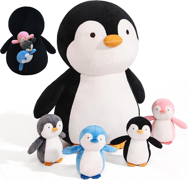 The 5 Pieces Penguin Stuffer Animals Set, Giant 16 Inch Mommy Penguin Plush Toy with 4 Cute Babies Plushies in Her Zippered Tummy, Soft Cuddle Plushy Gifts for Kids Girls Boys, Birthday