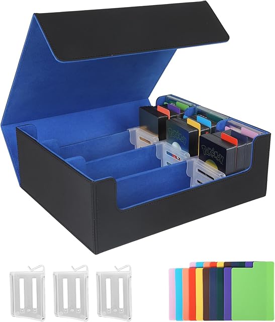 The STYLIFING Card Storage Box for Trading Cards, 1800+ MTG Deck Box with Card Supporters & Divider Tabs, PU Leather Magnetic Closure Card Deck Case Fit for YuGiOh, TCG and Sport Cards (Black & Blue)