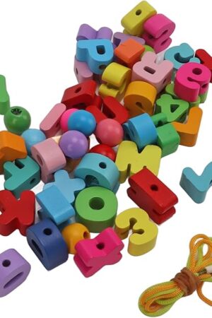 The POCREATION Wooden Alphabet Puzzle Beech Lacing Beads 51Pcs Letters Numbers Symbols Hand Eye Coordination Glossy Surface Safe for Kids Parents
