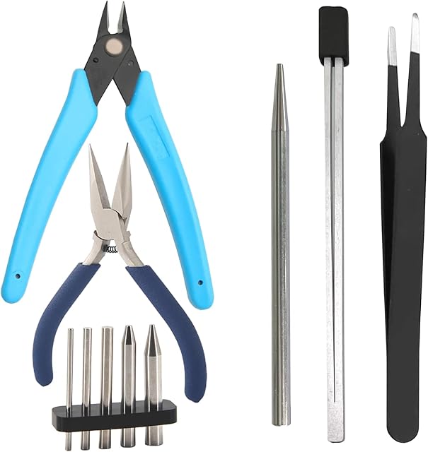 The 10 Pcs Metal DIY Model Kit Tools,3D Metal Puzzle Tool Set for Adults,Including Plier Bending Assist Tab Edge Cylinder Cone Shape Bending Assist Tools, Metallic Tweezers