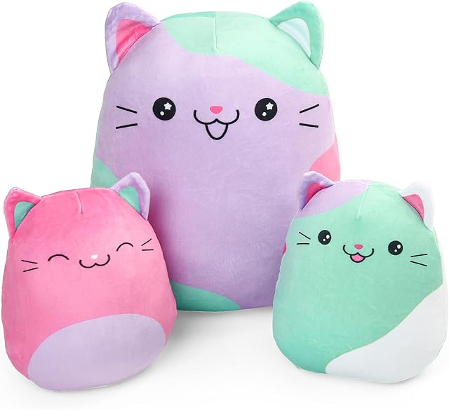 The BenBen Cat Plush Toy, 12" and 7'' Plushies, Set of 3, Squishy Kitty Stuffed Animal Toy Hugging Pillow, Soft Cushion Plush Pillow, Chirstmas Gift for Kids, Easter Basket Stuffers