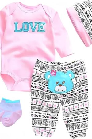 The Reborn Baby Dolls Clothes Cute Bear and 'Love' Pattern 4pcs Set for 17-22 Inch Newborn Baby Doll Girl, Baby Doll Clothes Outfit Accessories fit 17-22 Inch Baby Doll Girl&Boy