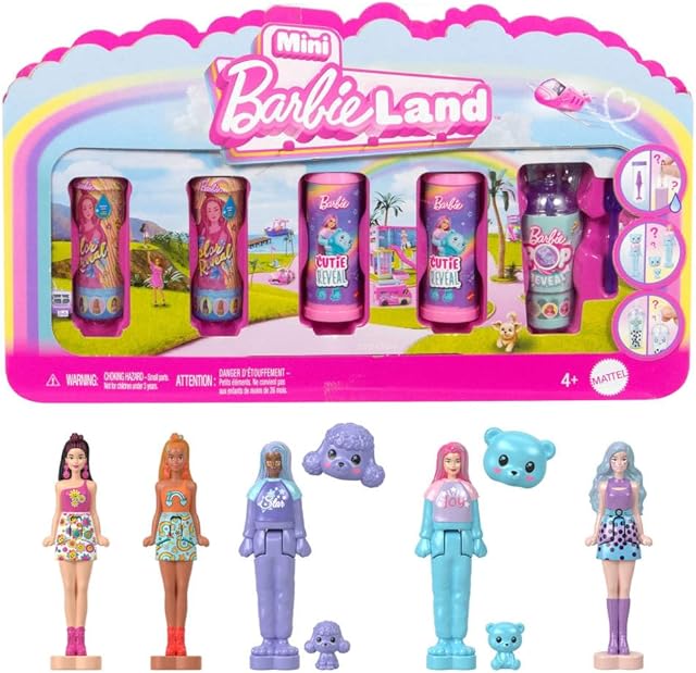 The Barbie Mini Barbie Land 5-Pack Pop Reveal Dolls, 1.5-inch Mini Doll with Surprise Reveal & Sensory Play Piece (Styles May Vary)