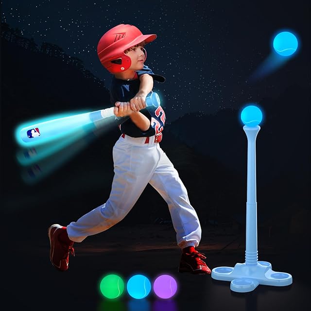 The LED Tball Set for Toddlers 3-5, 5-8, Light up Tee Ball Set for Toddlers, Glow in The Dark T Ball Set for Kids 3-5, Kids Outdoor Toys Baseball Toys Gifts for Boys Girls (Blue)