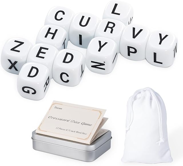 The 12 Pcs The Crossword Solitaire Game in White with Tin Box & Velvet Bag, Large Spelling Letter Dice Game for Adults, Travel & Game Night
