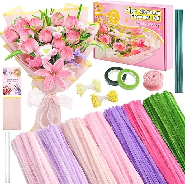 The Pipe Cleaners Craft Flowers Kit 791 Pcs, 400 Pcs 7 Colors 8mm Fuzzy Pipe Cleaners Bulk (Tulips/ Lilies), 360 Pcs Stamen, Chenille Stems for DIY Flower Making Kit Crafts, Floral Stems & Tape & Ribbon