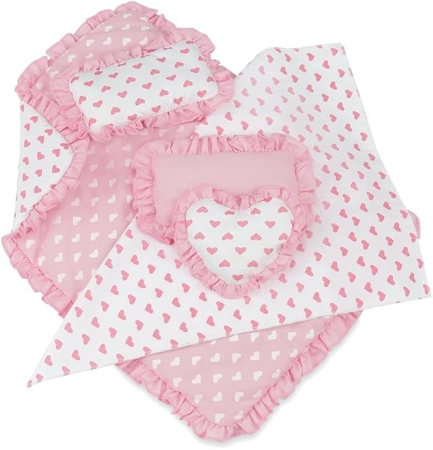 The Emily Rose 18-Inch Doll Reverisble Pink Hearts 5-PC Bedding Bundle Set for Toy Beds Bunks Cribs & Cradles | Fits 15" - 18" Doll Bunkbeds - Blanket Pillows Accessories Bed Playset | USA Business