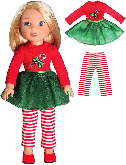 The American Fashion World Candy Cane Tutu Dress Set for 14-Inch Dolls | Leggings Included |Premium Quality & Trendy Design | Dolls Clothes | Outfit Fashions for Dolls for Popular Brands