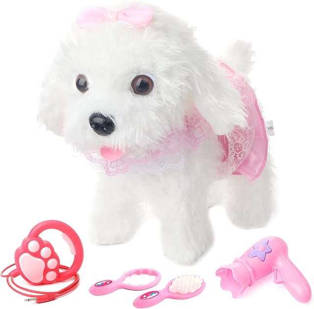 The deAO Interactive Electronic Dog Toy, Walking Barking Dog with Detachable Lead and Touch Sensing Functions Realistic Puppy Toys Gifts for 3-5 Girls & Boys