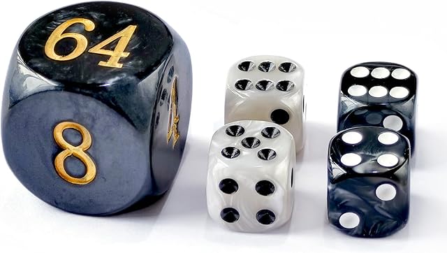 The 5pcs Set 30MM Backgammon Pearl Dice Set - 30MM (1 3/16") Large Backgammon Doubling Cube Plus 4pcs 16MM Dice (Black/White Marbleized)