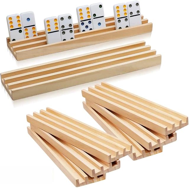 The Exqline Wooden Domino Racks Set of 8 Premium Domino Trays Holders Organizer for Mexican Train Chickenfoot and Other Domino Games - Dominoes NOT Included