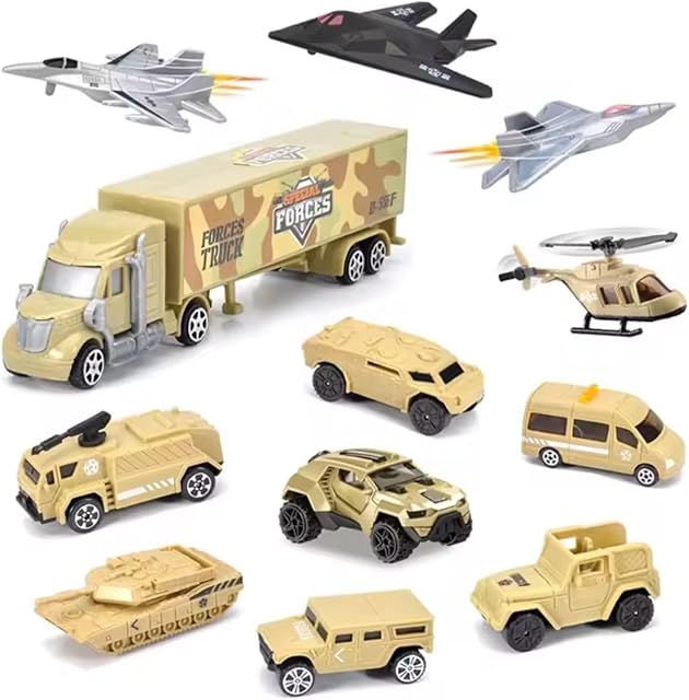 The 12 PCS Military Plastic Army Men Vehicles Toy Playset - Includes Stealth Bomber, Tanks, Helicopter, Fighter Jets and More for Kids, Boys