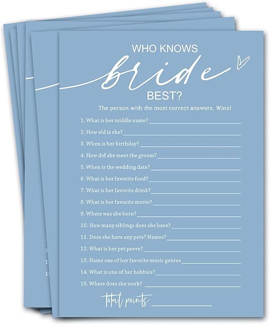 The Bridal Shower Games Cards, Who Knows The Bride Best, 25 Guest Wedding Games, Minimalist Blue Wedding Party Supplies - B03