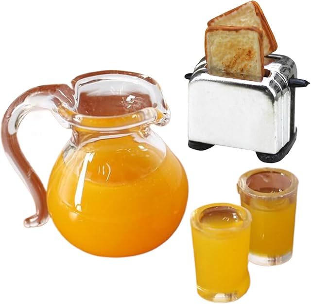 The Dollhouse Kitchen Accessories 1:12 Scale, Miniature Toaster with 2 Slices, 2 Orange Juice Cups & 1 Pitcher, Mini Stuff for Doll Realistic Items, Utensil Gadget Scene Breakfast Decor DIY Birthday Gift
