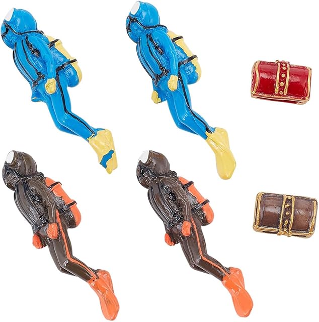 The arricraft 6 Pcs Diver Figures, 2 Styles Resin Treasure Box Figurines Ocean Scene Model Mini Swimmers Figurines for Miniature Sand Table Ocean Party Sea Cake Aquarium Decor