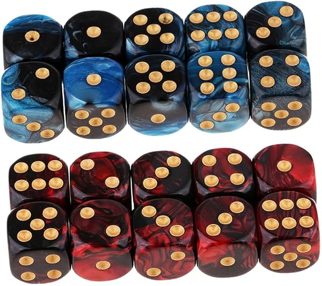 The 20PCS Polyhedral Dice D6 Dice 16mm Acrylic 6 Sided Dice Game Dice for RPG MTG DND Dice Table Games (Blue Black and Red Black)