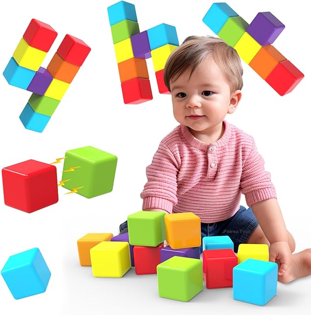 The Magnetic Building Blocks Large, 1.65 inch Magnetic Stacking Cubes for Toddlers, Sensory & Montessori Toys for Boys & Girls 1 2 3 Years Old (12 PCS)