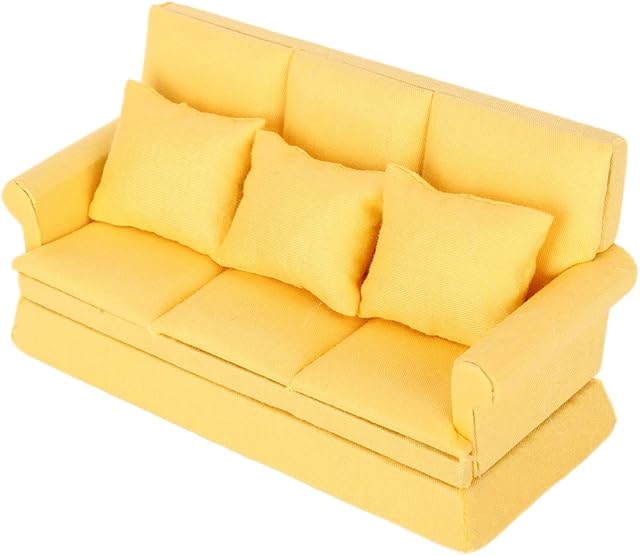The Doll House Sofa, 1:12 Mini Sofa with 3pcs Pillow Living Room Furniture Wooden Doll House Decoration Accessories for Kids Bedroom, Living Room, and Doll House Accessories Collection (Yellow)