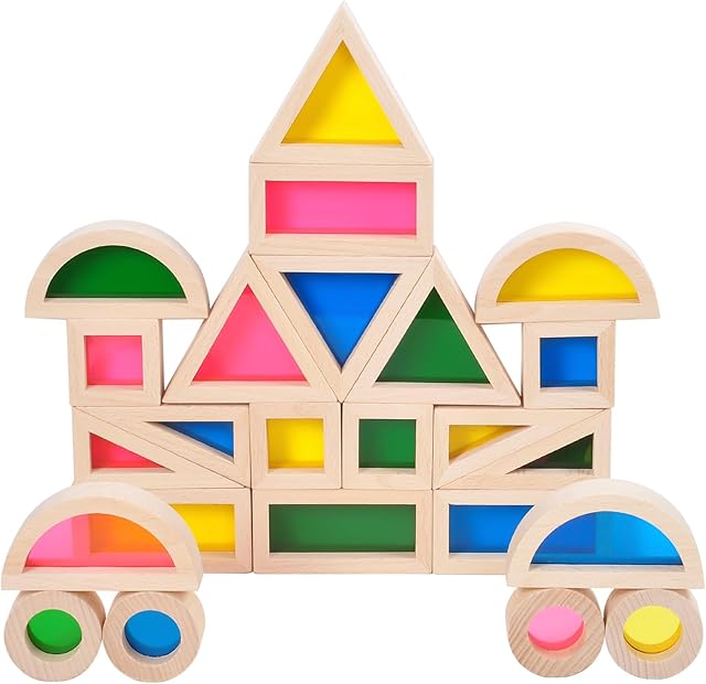 The Wood Building Blocks Set 24pcs, Wooden Blocks for Toddlers, Rainbow Sensory Toys, Educational Toys, Preschool Wooden Stacking Toy for Kids