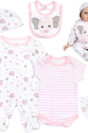 The Reborn Baby Doll Clothes 17-22 inch Pink Elephant Newborn Baby Doll Clothes Accessories 5 Pieces Set Girl