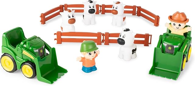 The TOMY The Cows are Out! Farm Playset for Kids - Toddler Farm Set includes John Deere Tractor Toys with Front Loaders, Fencing, 2 Farmer Action Figures, and 4 Cow Toys - 14 Count - Ages 18 Months and Up