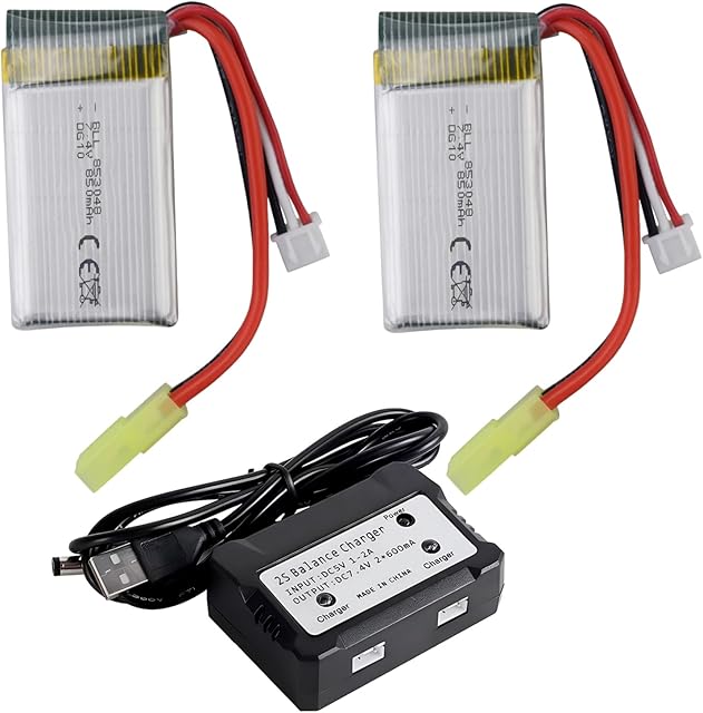 The sea jump 2PCS 7.4V 850mah Lithium Battery with 2in1 Charger for 9300 9301E 9302E 9303E 9034E 9305E 9310 9201E 2.4G 1:18 Full-Scale RC Four-Wheel Drive High-Speed Off-Road RC Car Battery - Sextoyzone