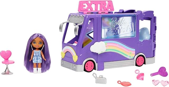 The Barbie Extra Mini Minis Doll & Toy Vehicle Playset, Expandable Tour Bus with 3.25-inch Small Doll, Clothes & Accessories