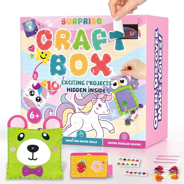 The Sewing Kit for Beginner Kids, 10Pcs Unicorn Bear DIY Arts and Crafts Box, Felt Art Projects, Blind Box Craft Supplies, Learn to Sew Embroidery Kit, Birthday Gift for Girls 3 4 5 6 7 8 Years Old