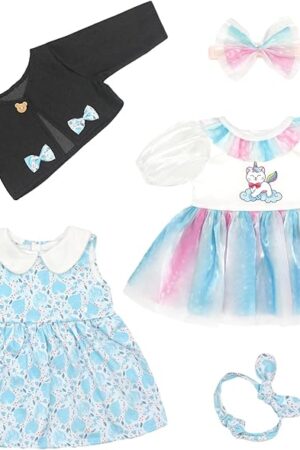 The Reborn Doll Clothes for 20-22 Inch Girl Dolls, 5PCS Baby Doll Clothes and Accessories Outfits Dress with Black Coat Headband, Perfect for Girl Gift (No Dolls)