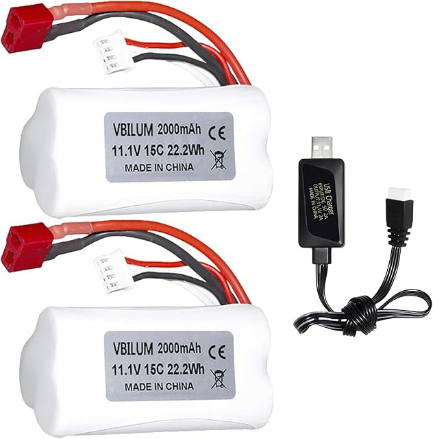 The 11.1V 2000mAh Li-ion Battery for 210E 200E High Speed RC Car and 2104 R608 Brushless RC Boat Rechargeable with USB Charger Cable (2PCS)
